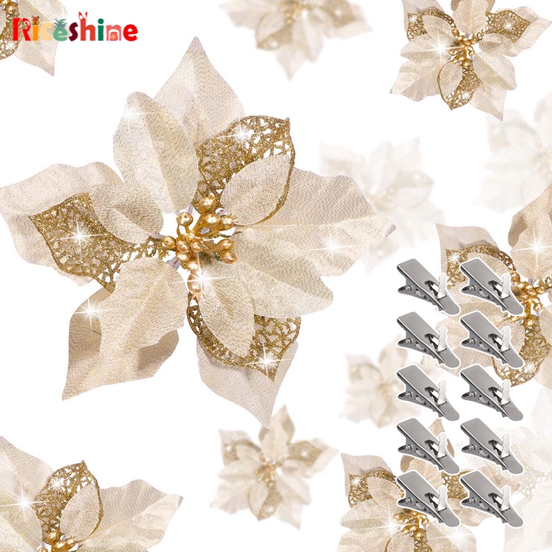 Multi Styles 10/5Pcs Christmas Poinsettia Fake Flowers/ Glitter