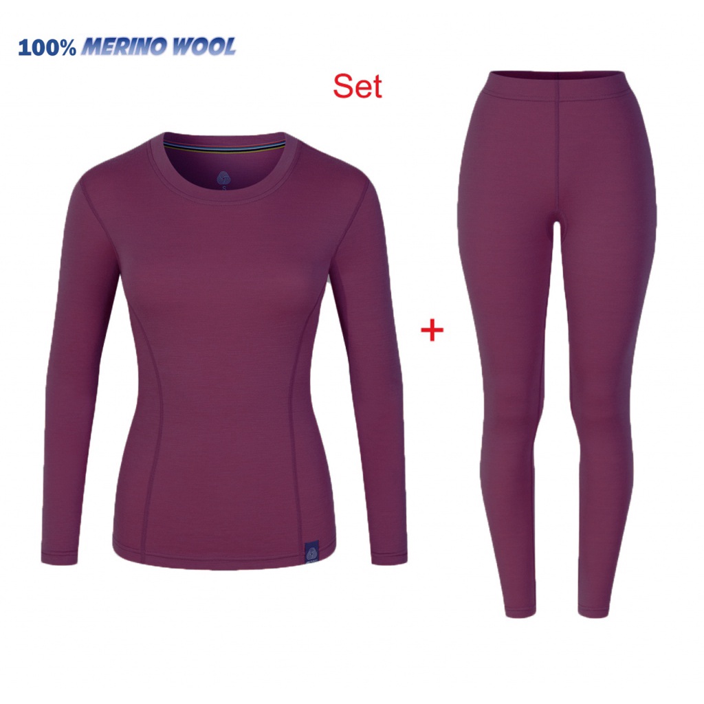 Merino Wool Base Layer Set Women Merino Wool Thermal Underwear 250G  Midweight Women Merino Wool Top and Bottoms Warm Anti-Odor