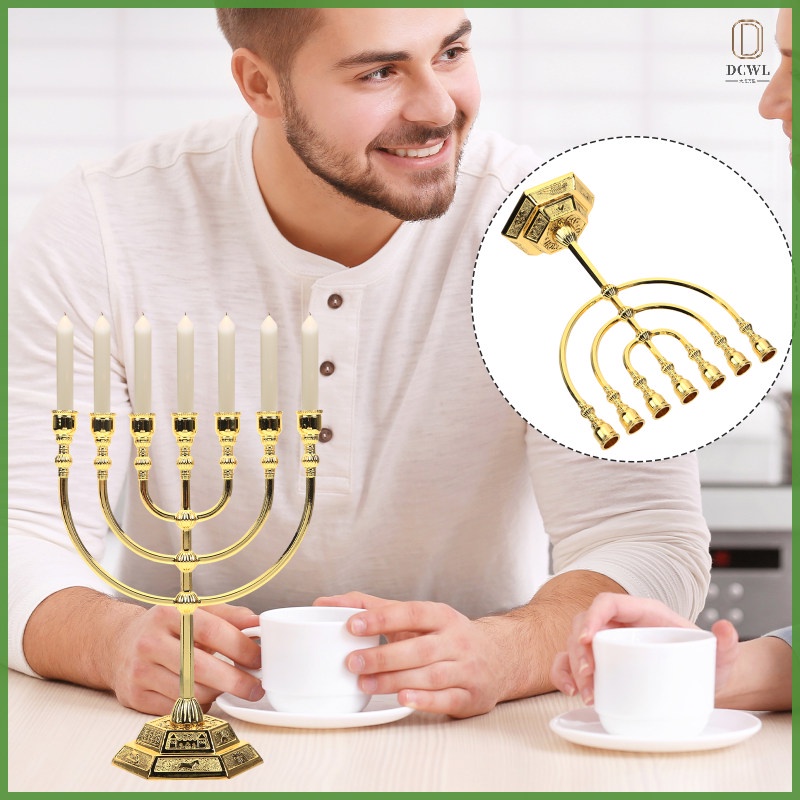 Desktop Candle Holder Ornament Tall Chanukah Menorah Antique Hebrew Tea