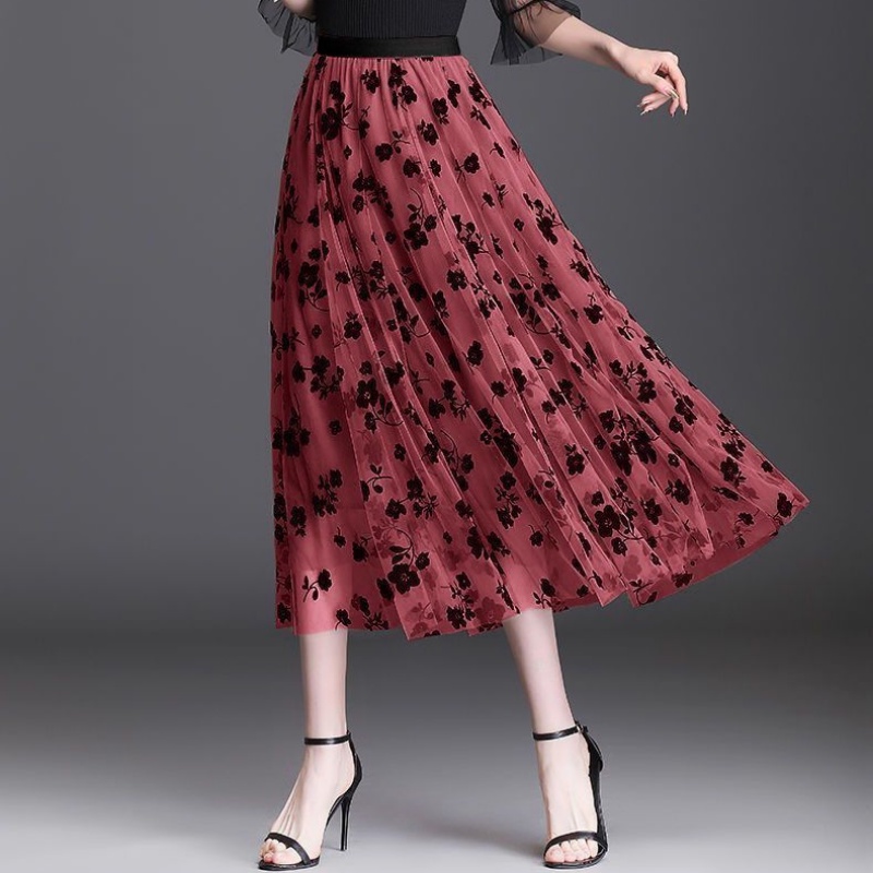 Fashion women's midi skirt Flower embroidery Tulle lace red Skirts ...