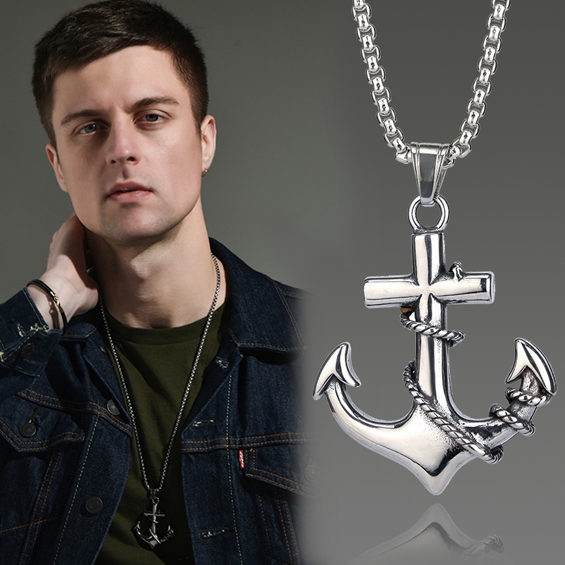 Vintage Titanium Steel Pirate Ship Anchor Cross Pendant Necklace For
