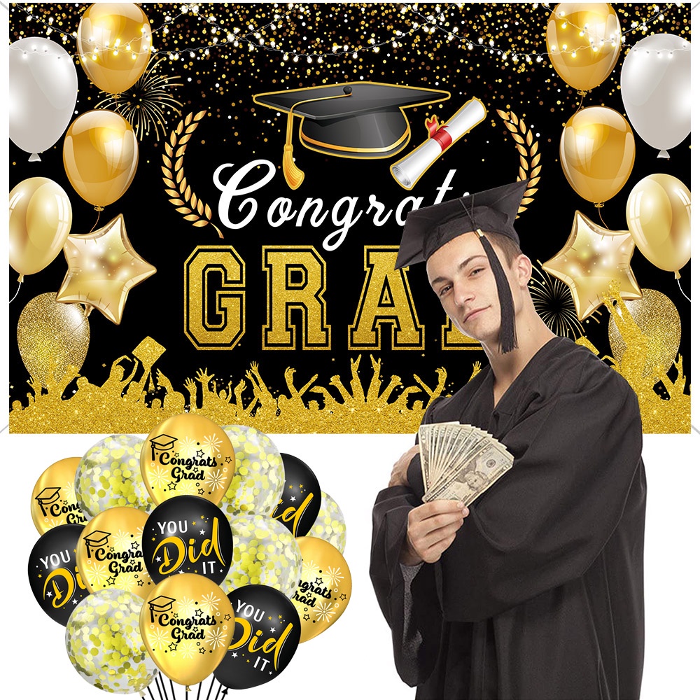 Large Congratulation Graduate Backdrop – Black Cloth Banner For Graduation Party (150x90cm)