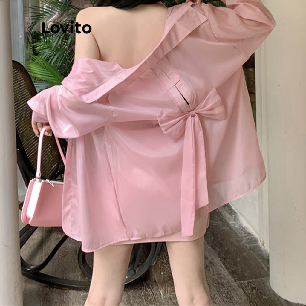 Lovito Casual Plain Bow Back Long Sleeves Blouse For Women Lna White Pink Shopee