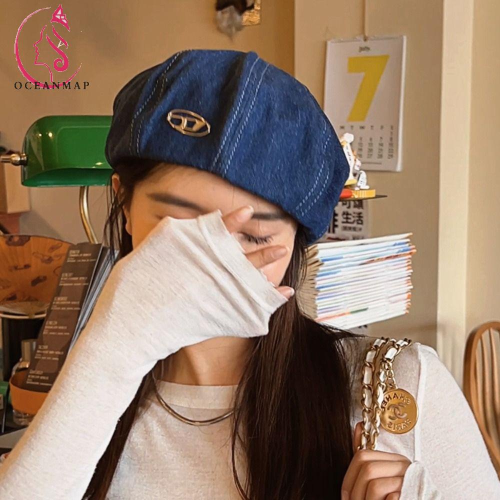OCEANMAP Denim Beret, Octagonal Cap Harajuku Letter D Beret Hat