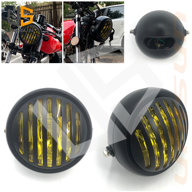Unisun Motorcycle Headlight Black Metal Grille Headlights Headlamp Cafe
