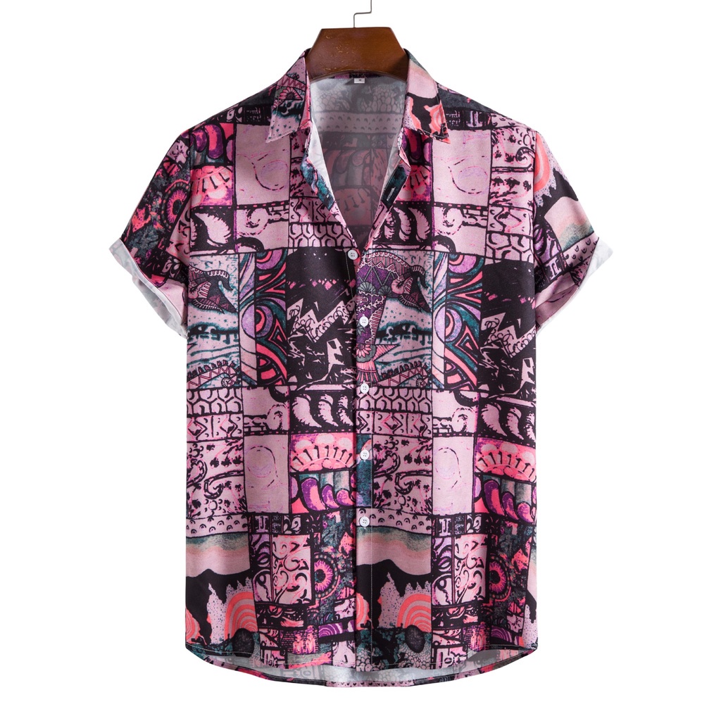 Men's Loose Casual Vintage Ethnic Printed Short Sleeve Shirt Boho ...