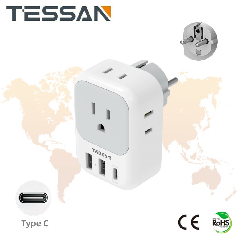TESSAN Germany France Power Adapter with 3 USB Ports(1 USB C), 4 AC ...