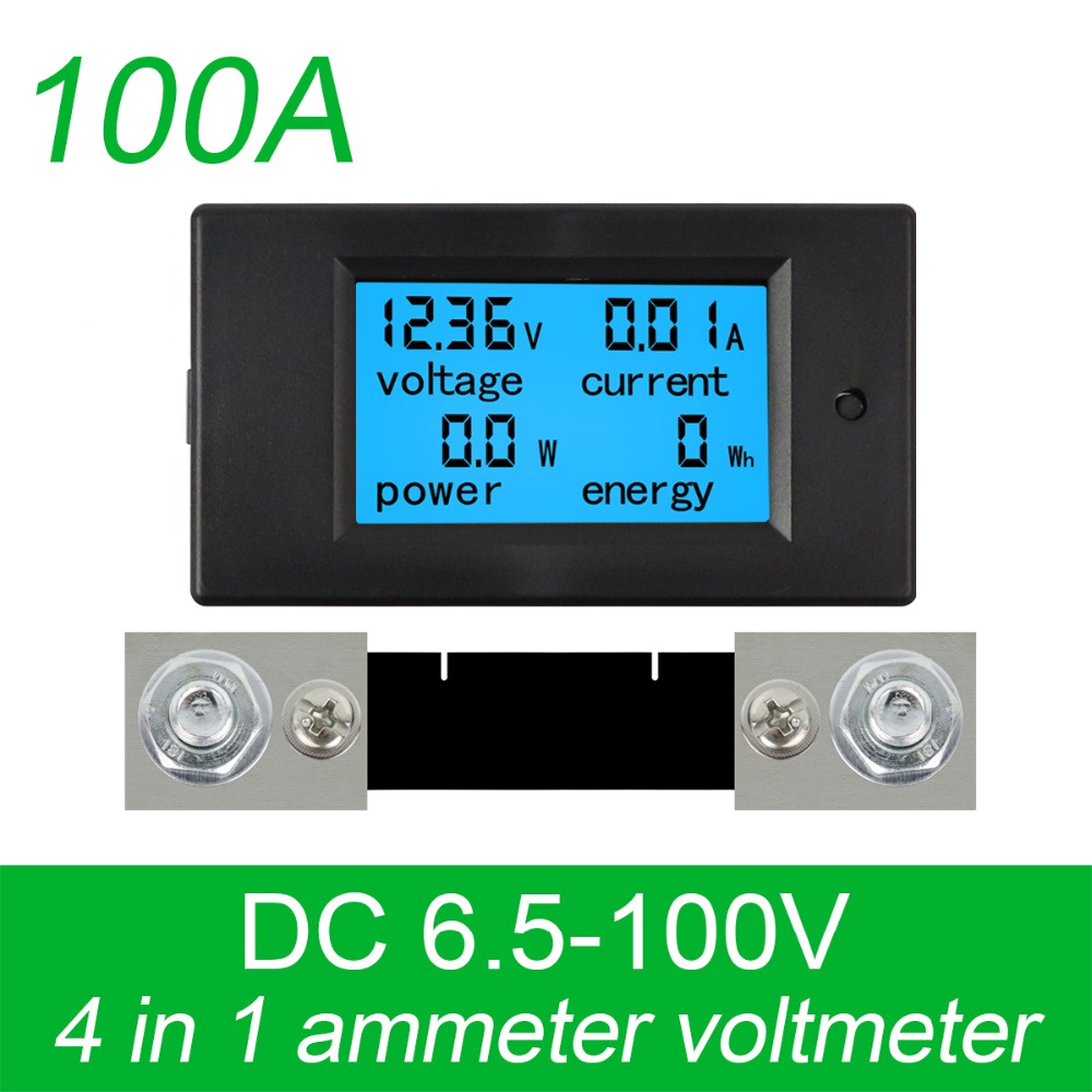 Greluma 1 Stück DC 6,5-100 V 100 A LCD Display Digital Strom Spannung Power Energy Meter Multimeter Amperemeter Voltmeter, 4 In 1 Digital Amp Volt Watt KWh Meter Tester Gauge Mit Shunt