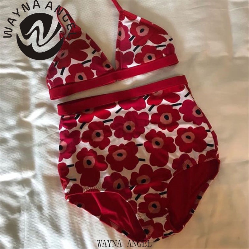 (WAYNA ANGEL)Women's Swimsuit High Waist Sexy Bikini Flower Print Red
