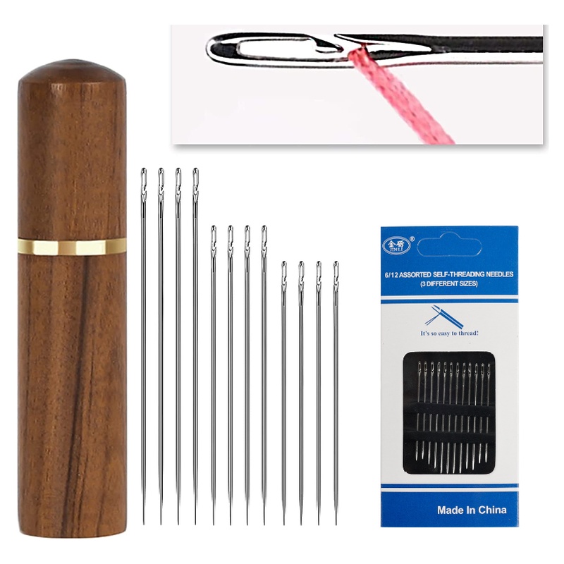 Self Threading Sewing Needles with Wood Needle Case / Embroidery
