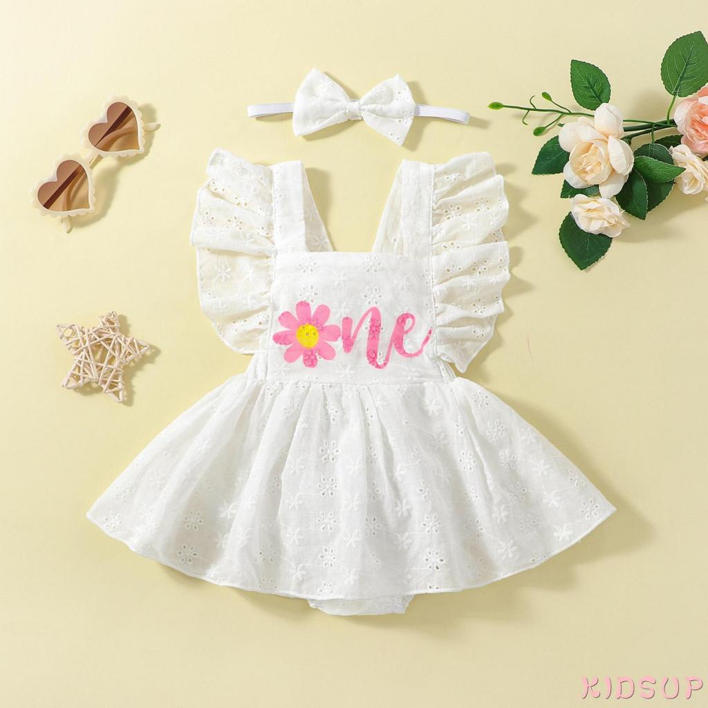 KIDSUP1-Baby Girl 2Pcs Summer Outfits, Ruffle Sleeve Backless Eyelet ...