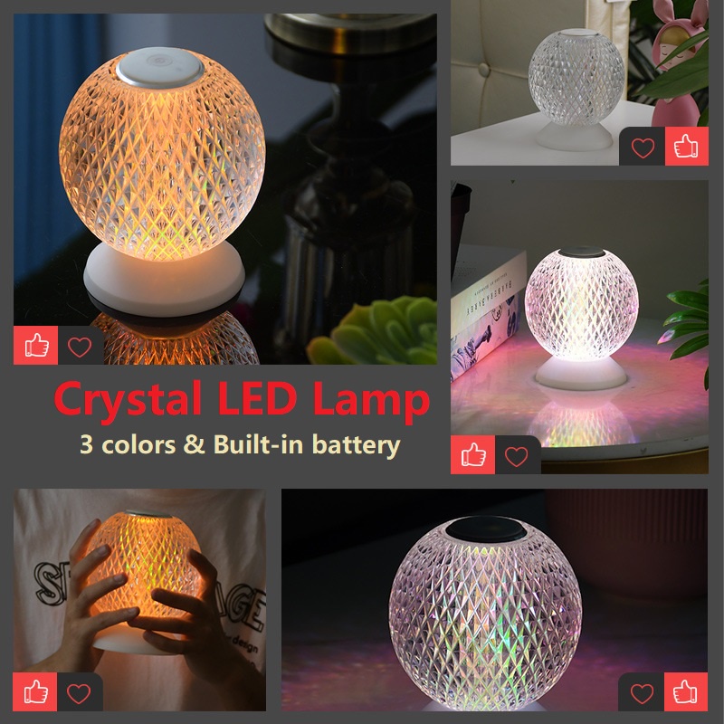 Acrylic Crystal LED Table Lamp USB Charging Bedside Romantic Atmosphere  Decor Lamp Mini Round Ball Cordless Dimmable Night Light