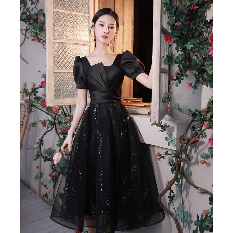 Black Starry Sky Evening Dress for Women Fairy Temperament Puff Sleeve  Square Neck Slim Princess Dresses Birthday Dinner Host Party Gown
