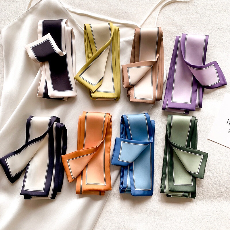 Women Candy Color Thin Narrow Silk Scarf Hair Strap Long Ribbon Tie ...