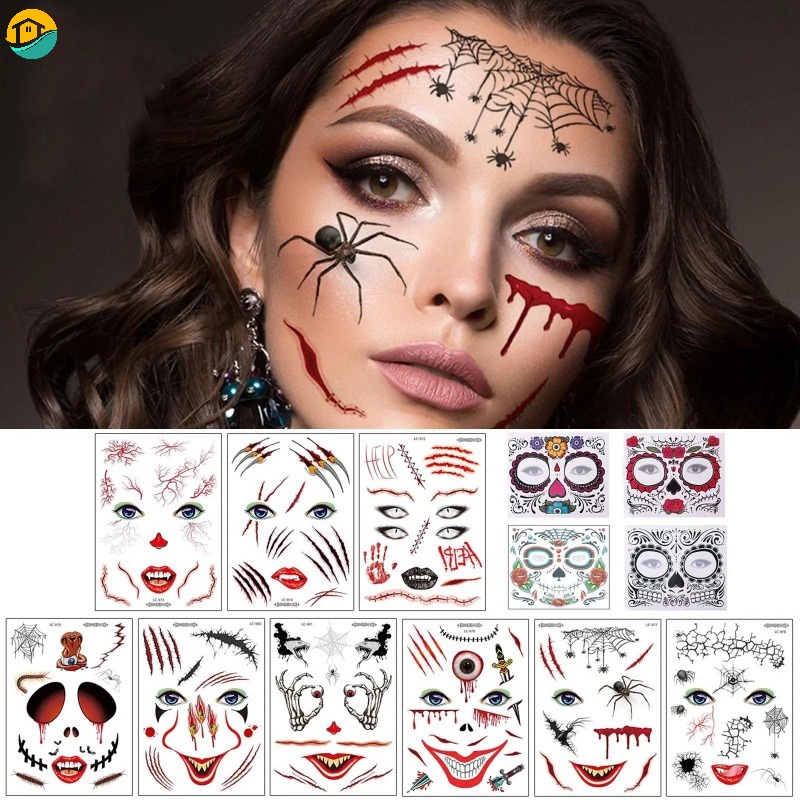 1/5 Sheets Halloween Waterproof Body Facial Horror Spider Web Scars ...