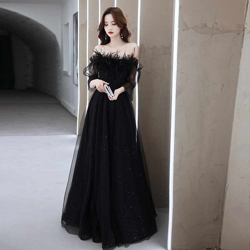 Elegant Black Starry Sky Banquet Evening Dress Off Shoulder Mid Sleeve  Feather Decor Slim Princess Dresses Birthday Dinner Prom Gown | Shopee  Philippines