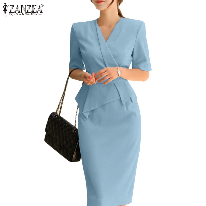 Zanzea Women Fashion V Neck Short Sleeve Waist Fold Wrap Hip Wrap Dress Shopee Philippines