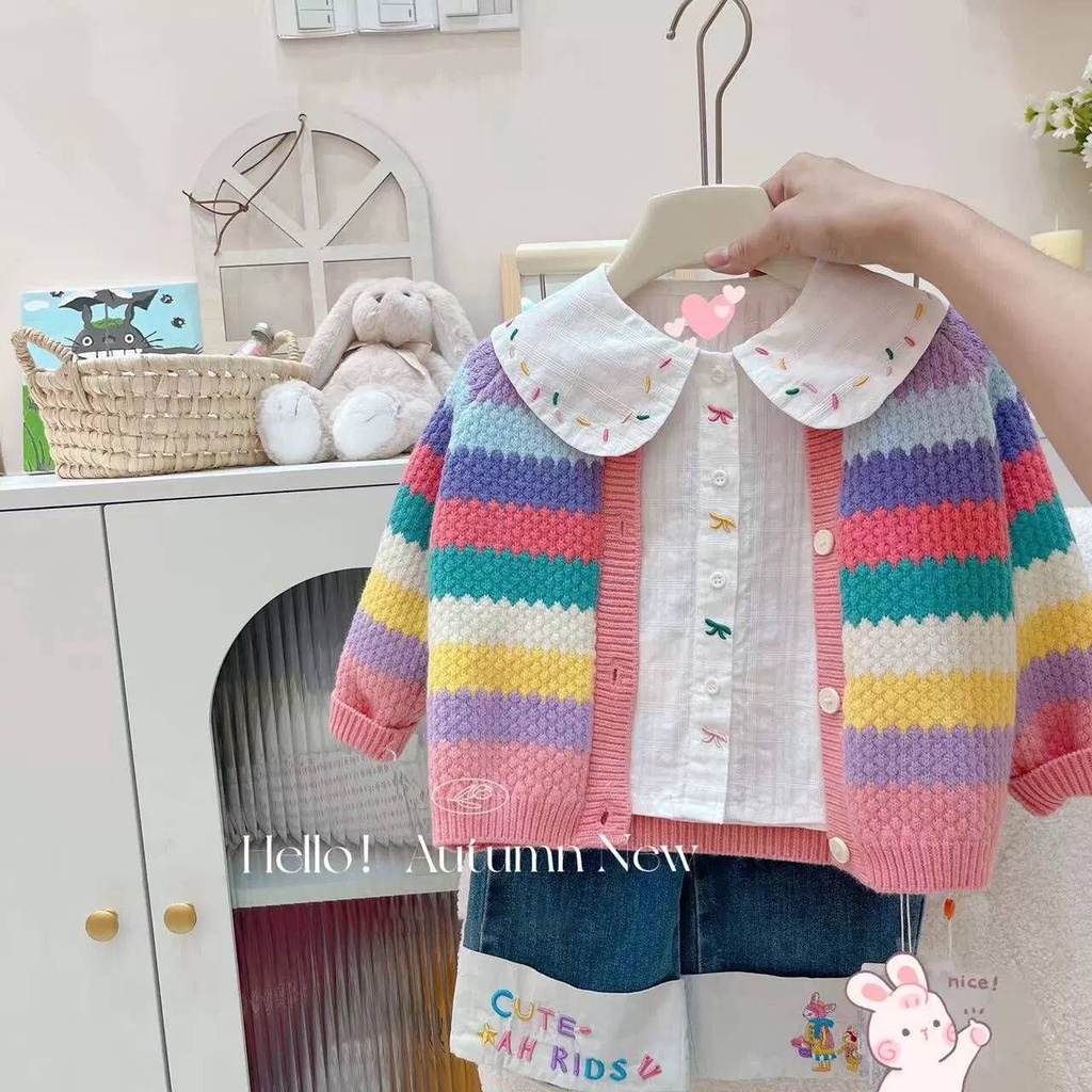 Girls Sweater Cardigan Jacket Spring Autumn New Style Children Knitwear  Rainbow Striped Jacket Girls Casual Tops