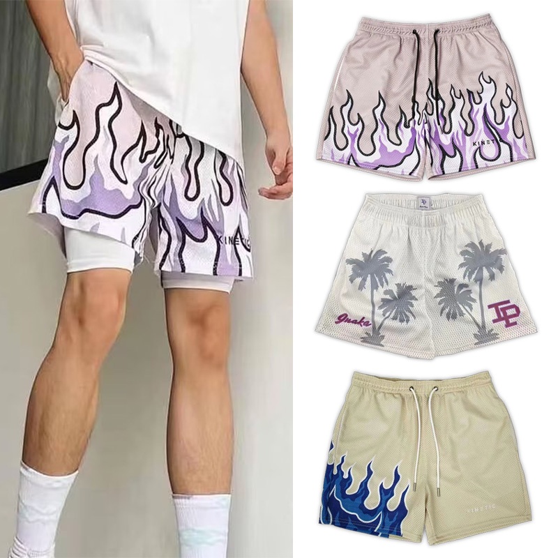 S-5XL Men's Mesh Short Basketball Shorts With Cycling Mesh Shorts Drifit  Flyah Shorts American Fire Printed Trend Street Loose Shorts Unisex Hip Hop 