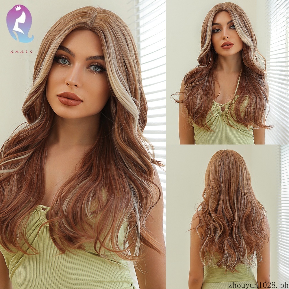 Women's wigs, long curly hair, medium brown highlights, large wavy wigs