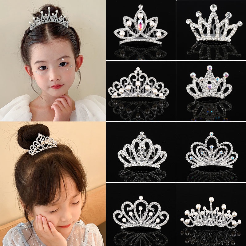 Bow Crown Tiara Children Hair Clip Princess Cute Rhinestone Hairpin ...