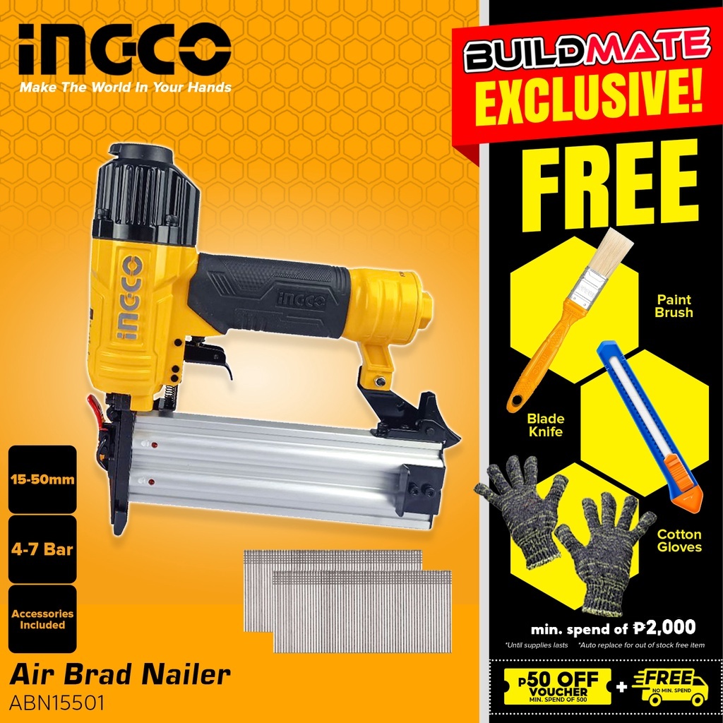 INGCO Air Brad Nailer Gun Pneumatic Ga18 1550mm ABN15501 + FREE