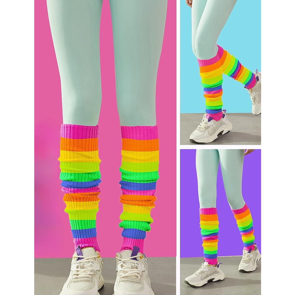 Women Juniors Neon Ribbed Leg Warmers For 80s Party Retro Sports Yoga
