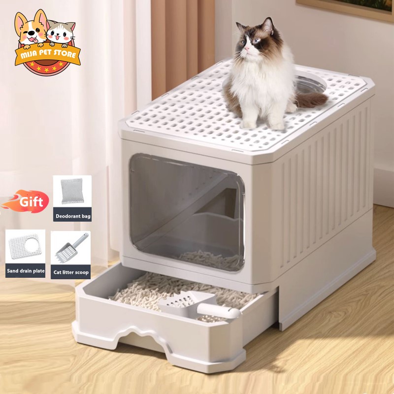 Large Foldable Cat Litter Box With Top Entry Anti Splash Fully Closed