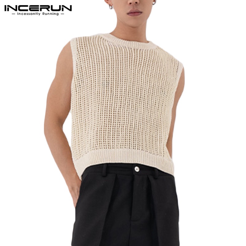 INCERUN hollowed out mesh perspective knitted small camisole round neck ...