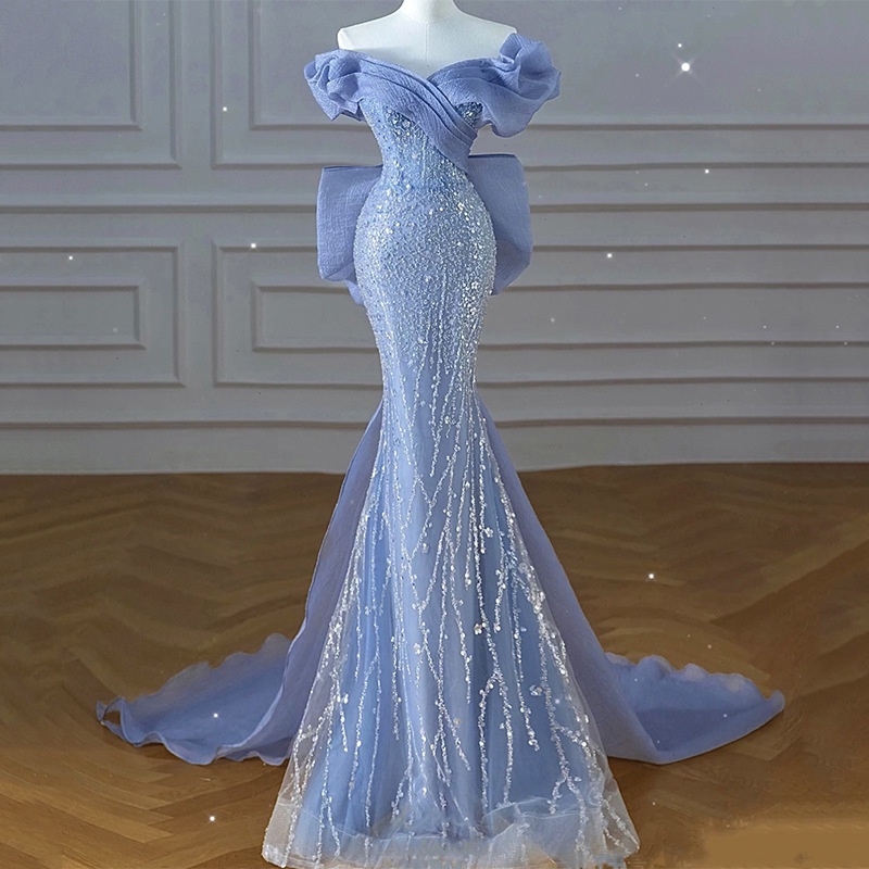 Baby Blue Off-The-Shoulder V-Neck Mermaid Slit Prom Dress With Feathers One Shoulder main image 0