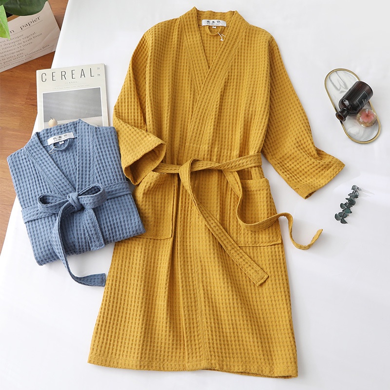 Pure Cotton Bathrobe/Spring Summer Thin Dressing Robe/Long Waffle Hotel ...