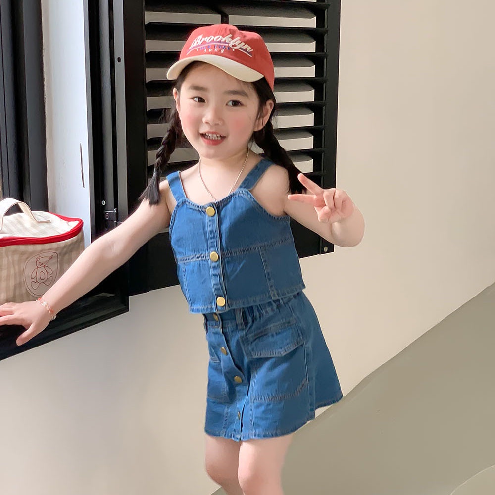 Kindergarten Korean Clothes Shop 2023 Summer Girls Denim Suit Baby Girl