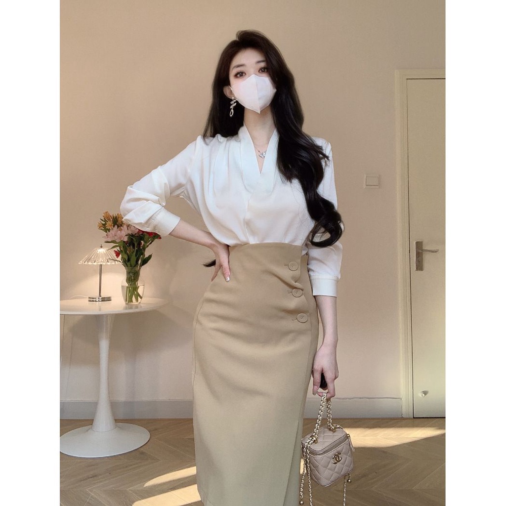 MURIOKI Office Outfit for Women V Neck White Shirt + Khaki Wraped Long ...