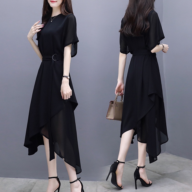 Summer women's new slim mid-length dress short sleeve irregular ...