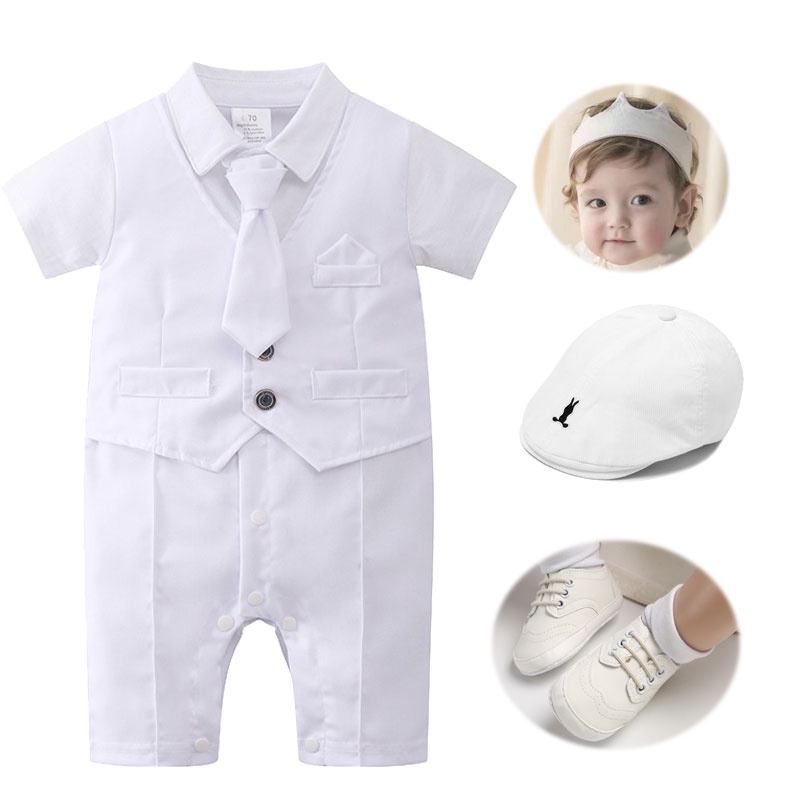 Baptismal Baby Boy Set Summer Baptism White Necktie Jumpsuit Clothes