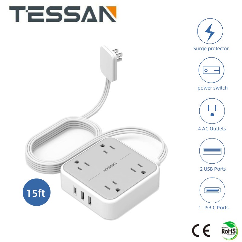 TESSAN 15 ft Ultra Thin Extension Cord Under Carpet with 3 USB Wall