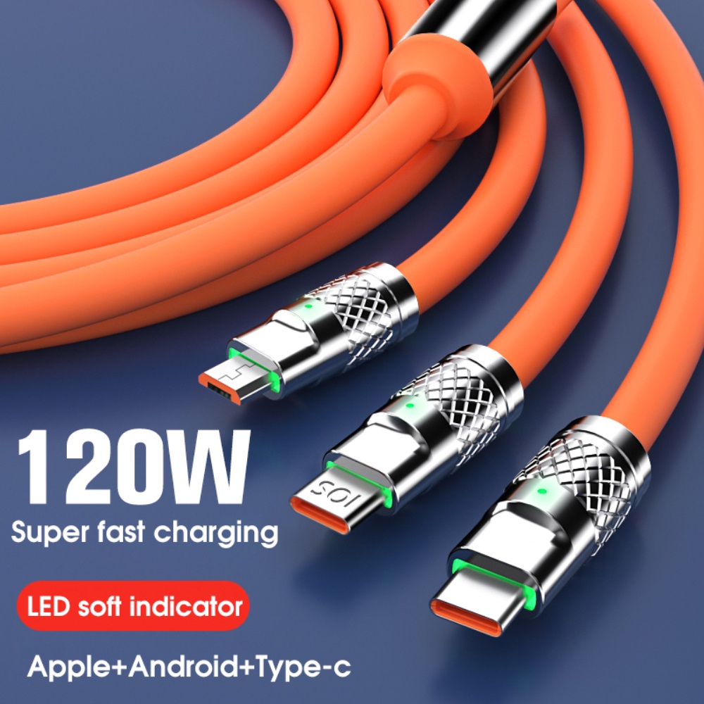 120W 6A 3 in 1 Super Fast Charging Cable Micro IOS TypeC Zinc Alloy Quick Charger Data Cable