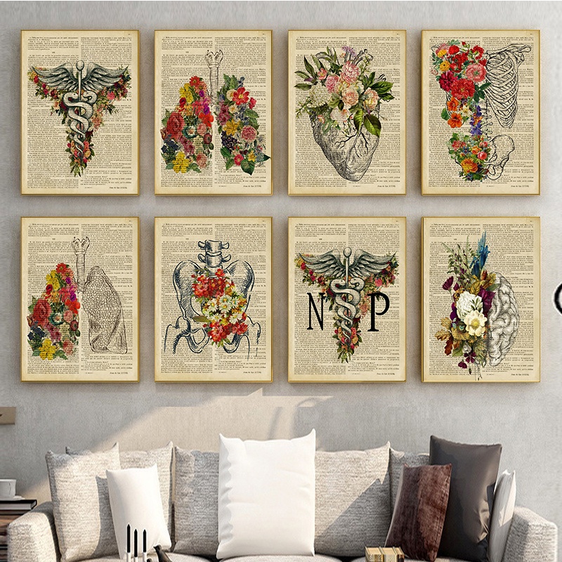 Vintage Human Anatomy Poster Flowers Artwork Medical Wall Picture Heart ...