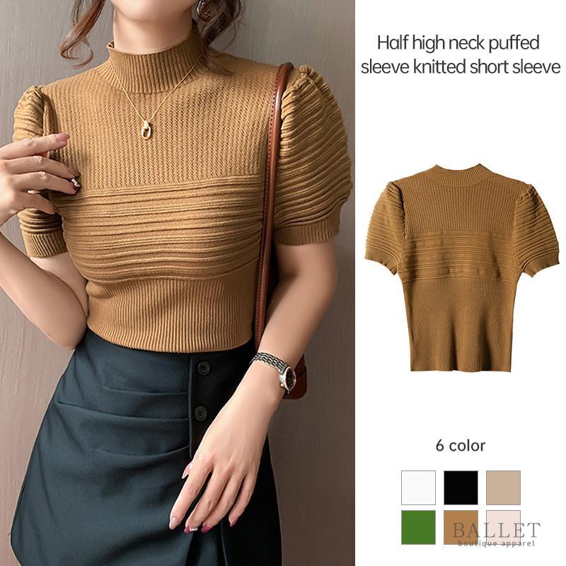 Semi-High Neck Short-Sleeve Waist-Defining Top main image 1