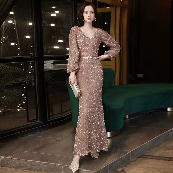 Champagne Gold Long Sleeved Evening Dress Elegant Vneck Sequins Slim