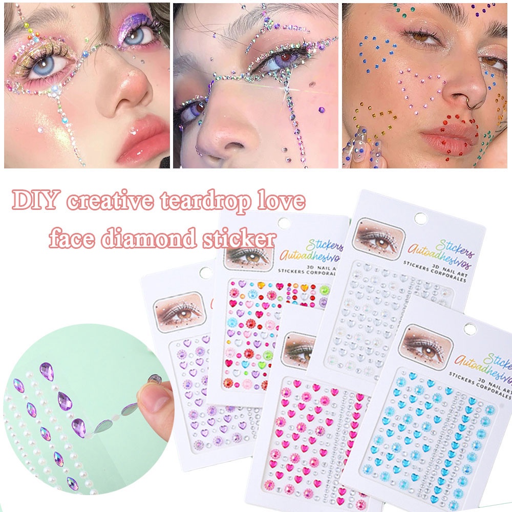 3D Face Jewels Pearl Diamond Crystal Tattoo Body Brow Makeup Facial Rhinestone Self Adhesive