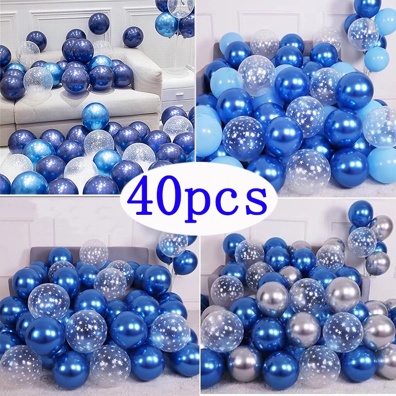 40pcs Ink Blue Latex Balloon Set Transparent Star Printed Metal Blue