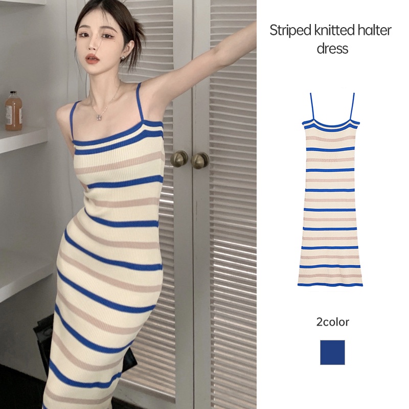 Striped Knitted Sling Dress Women Summer Sexy Style Retract Waist Wrap ...