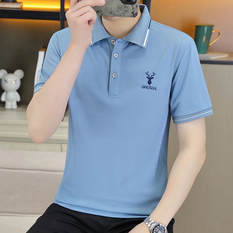 Korean Style Slim Fit Polo Shirt for Men Short Sleeves and Embroidery