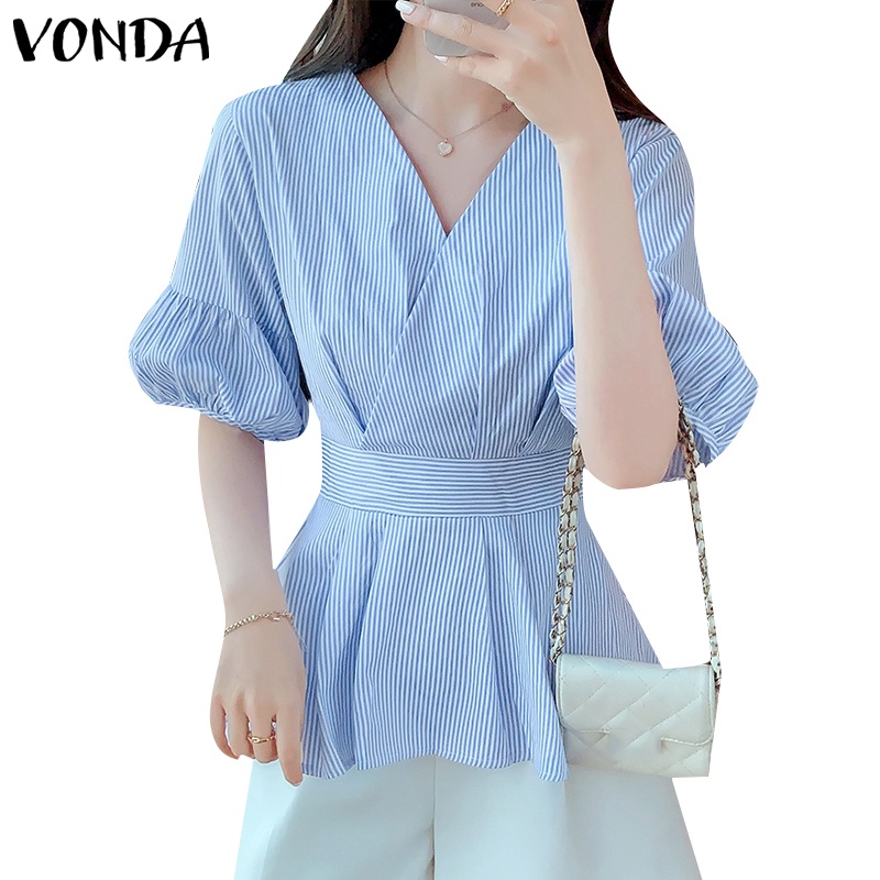 Vonda Women Korean Casual V Neck Puff Sleeve Patchwork X Line Blouse Shopee Philippines