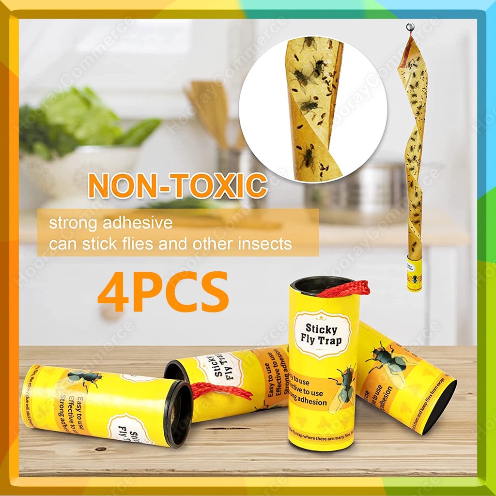4 Rolls/Pack Sticky Fly Strips, Fly Paper Roll Hanging, Fly Tape Fly Traps Ribbon, Fungus Gnat