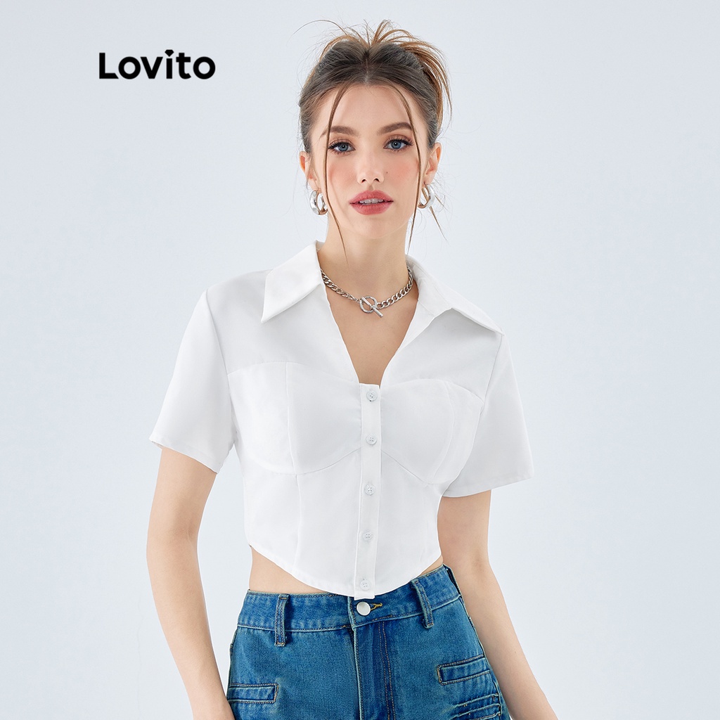 Lovito Casual Plain Button Front Collar Short Sleeves Crop Blouses for ...