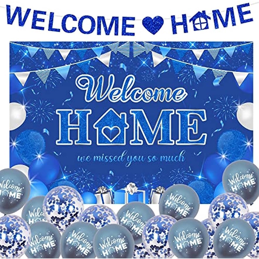 Welcome Home Decorations Blue Welcome Home Backdrop Glitter Welcome Home Bunting Banner Confetti 9957