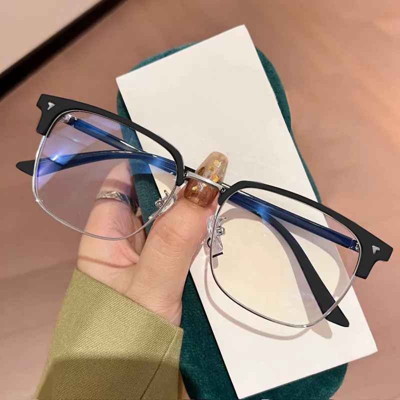 New retro men s ultra light half frame anti blue glasses Plankton Shuai all match flat light mirror