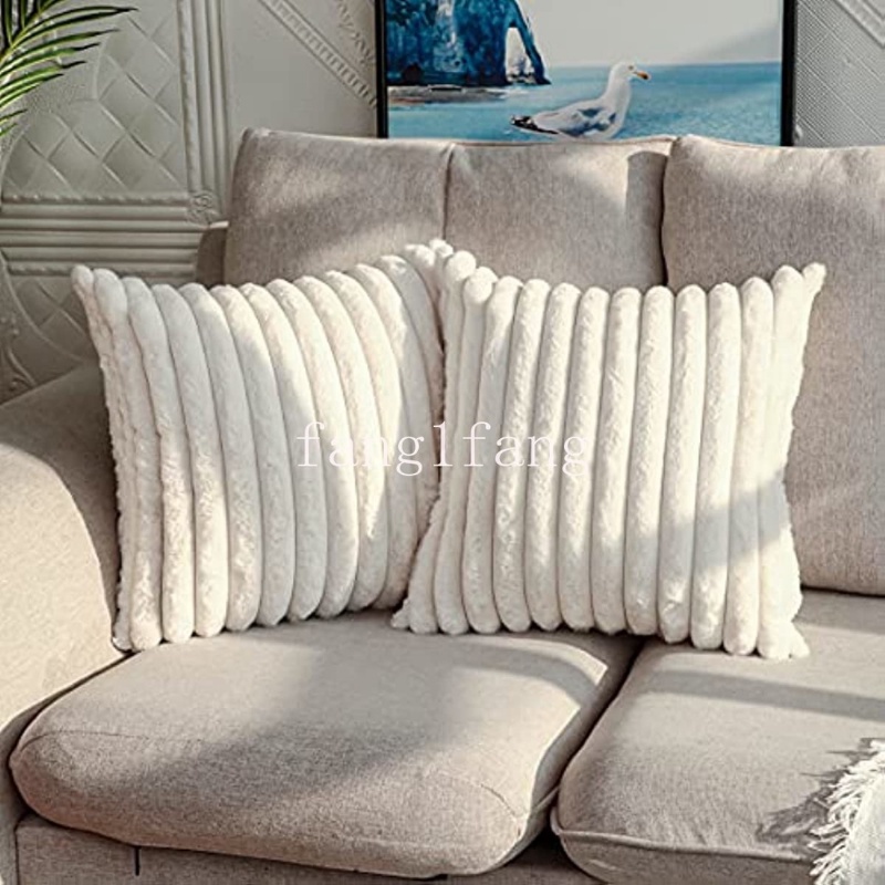 Ready Stock Double-Sided Faux Fur Plush Decorative Throw Pillow Covers  Fuzzy Striped Soft Pillowcase Cushion Covers for Sofa Couch